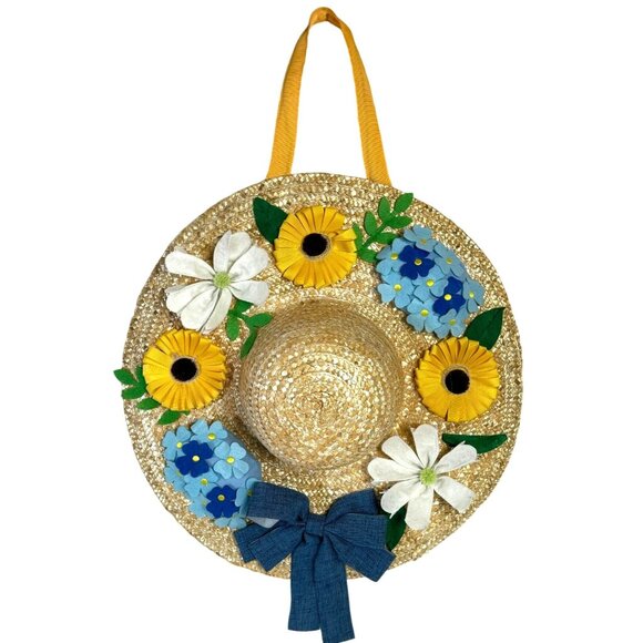 Easter Bonnet Door Decorative Wreath Spring Summer Straw Hat Floral Accents Bow - Picture 11 of 12